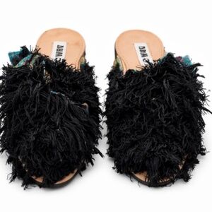 Calla Paris Textured Fringe Slide Sandals Pink Black | Size 8 | Statement Design